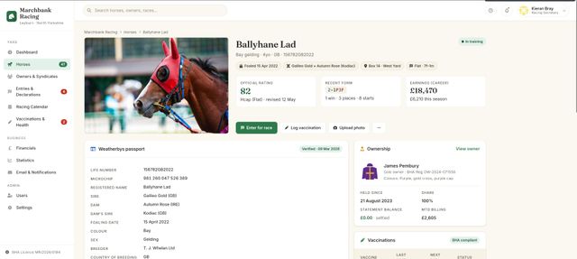 Per-horse page with passport, ownership and vaccination details