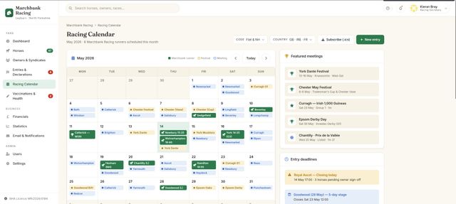 Monthly racing calendar with meetings and entry deadlines