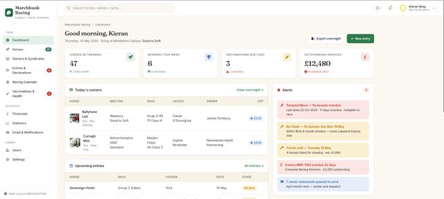 Trainer's dashboard showing today's runners, alerts and outstanding invoices